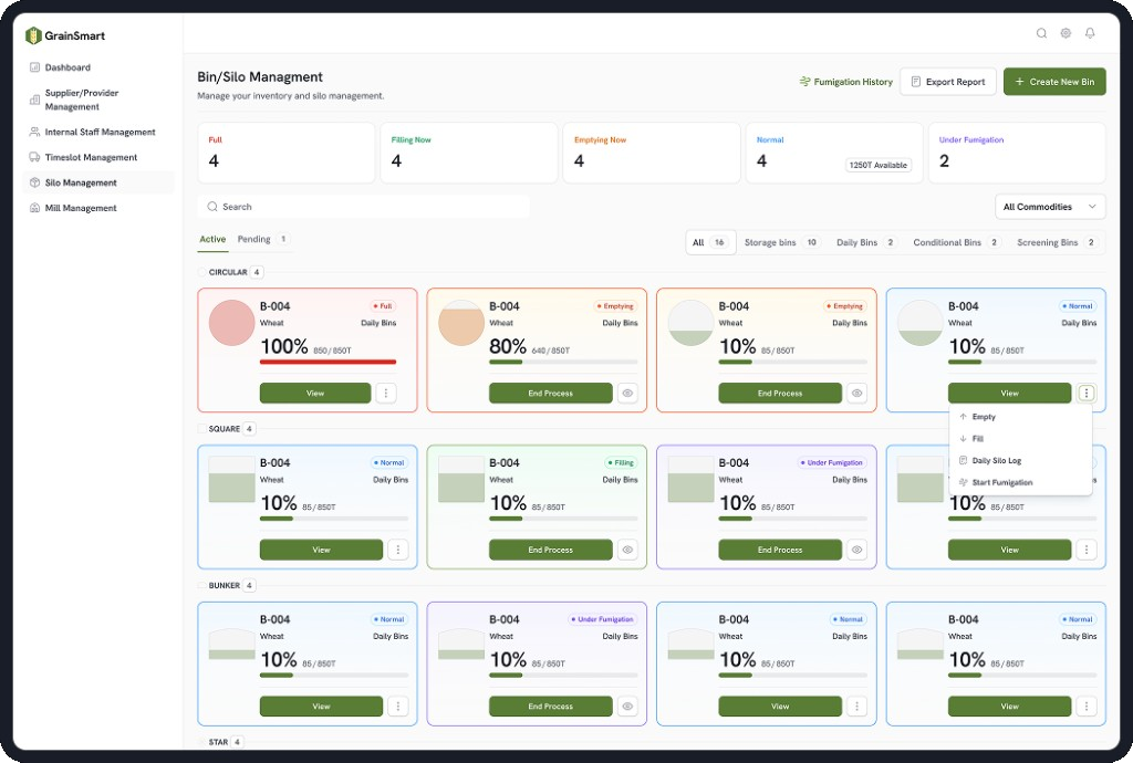 Bin and silo management dashboard