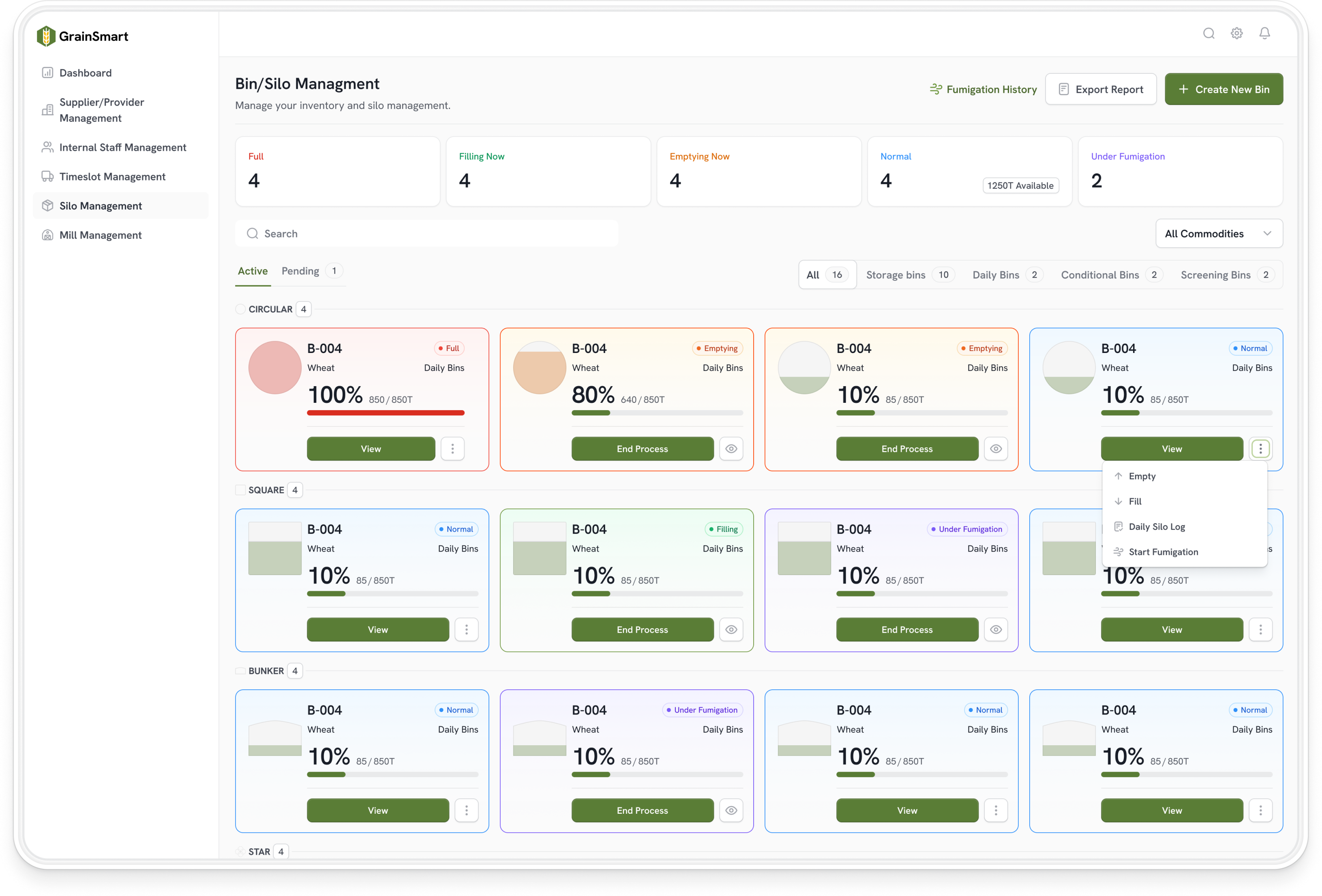 GrainSmart Bin/Silo Management dashboard