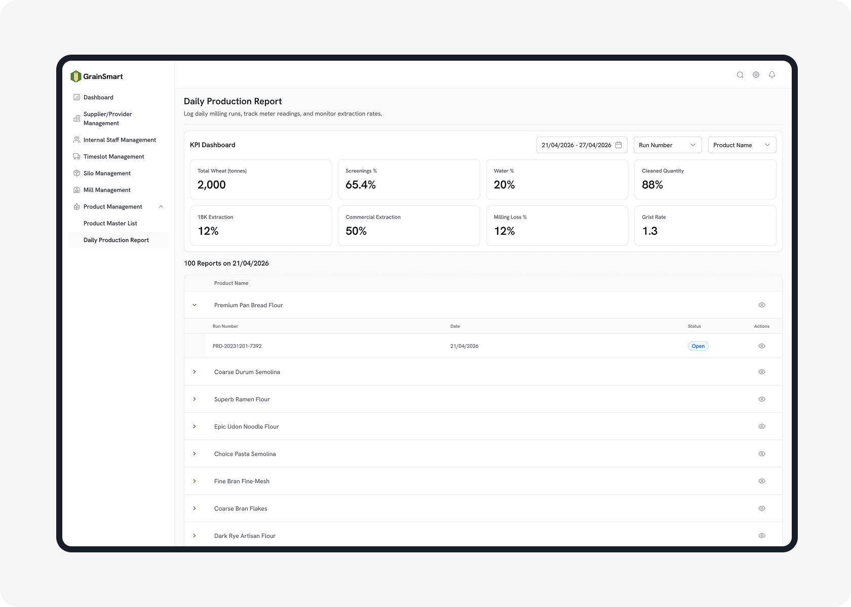 Finished product traceability screen mockup
